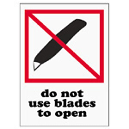 Tape Logic® Preprinted International Safe-Handling Labels, IPM325, "Do Not Use Blades To Open," 3" x 4", Red, Pack Of 500