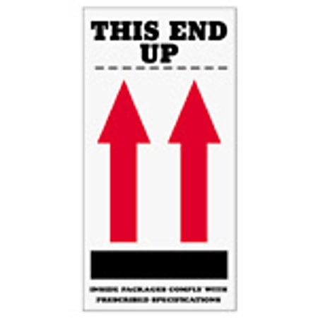Tape Logic® Preprinted International Safe-Handling Labels, SCL904, "This End Up," 2 Red Arrows Over Black Bar, "Inside Packages Comply With Prescribed Specifications," 4" x 8", Red, Pack Of 500
