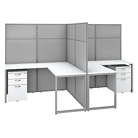 Bush Business Furniture Easy Office 60"W 2-Person L-Shaped Cubicle Desk With Drawers And 66"H Panels, Pure White/Silver Gray, Premium Installation