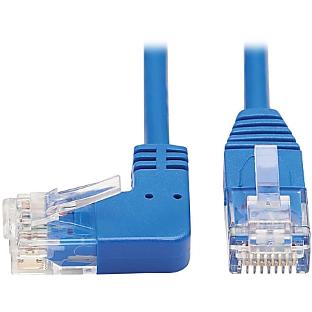 Tripp Lite Cat6 Ethernet Cable Left Angled UTP Slim Molded M/M Blue 2ft - First End: 1 x RJ-45 Male Network - Second End: 1 x RJ-45 Male Network - 1 Gbit/s - Patch Cable - Gold Plated Contact - 28 AWG - Blue