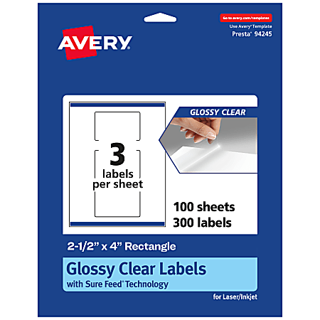 Avery® Glossy Permanent Labels With Sure Feed®, 94245-CGF100, Rectangle, 2-1/2" x 4", Clear, Pack Of 300