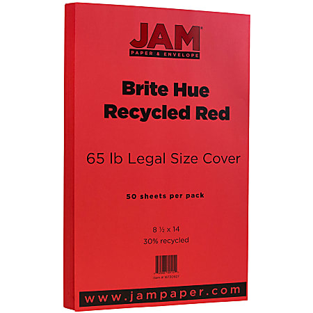 JAM Paper® Legal Card Stock, Red, Legal (8.5" x 14"), 65 Lb, Pack Of 50