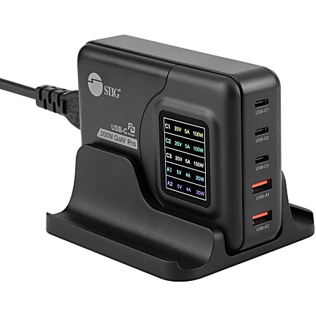 SIIG 200W GaN PD Charger with Charging Display- 3C2A - Portable USB Type-C Charger - Built-in LCD screen display - Maximum 200W output totally - USB-C up to 100W - USB-A up to 22.5W