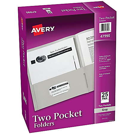 Avery® Letter Pocket Folder - 8 1/2" x 11" - 40 Sheets Capacity - 2 Internal Pocket - Embossed Paper - Gray - Embossed - 25/Box - 5 / Carton