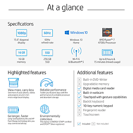 HP 15-ef1073od Laptop, 15.6" Screen, AMD Ryzen 7, 16GB Memory, 256GB Solid State Drive, Wi-Fi 6, Windows® 10, 27A48UA#ABA