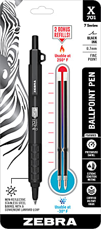 Zebra® X-701 Retractable Ballpoint Pen, Fine Point, 0.7 mm, Matte Black Barrel, Black Ink