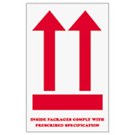 Tape Logic® Preprinted Shipping Labels, SCL835, "Inside Packages Comply With Prescribed Specifications" 2 Arrows Over Red Bar, 4" x 6", Red/White, Pack Of 500
