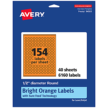 Avery® Print-To-The-Edge Labels With Sure Feed® Technology And Easy Peel® Label Feature, 94503-BOP40, Round, 1/2", Matte Bright Orange, Pack of 6160