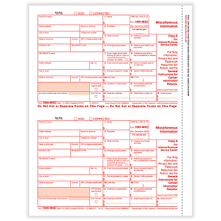 ComplyRight&reg; 1099-MISC Tax Forms, Federal Copy A, 2-Up, 8-1/2" x 11", Pack Of 50 Forms, 51102526