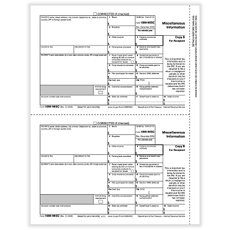 ComplyRight&reg; 1099-MISC Tax Forms, Recipient Copy B, 2-Up, 8-1/2" x 11", Pack Of 100 Forms, 51115026