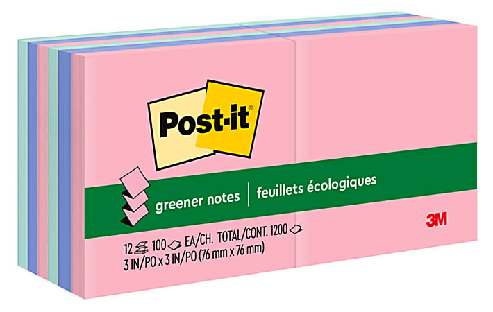 Post-it Greener Pop Up Notes, 3 in x 3 in, 12 Pads, 100 Sheets/Pad, Clean Removal, Sweet Sprinkles Collection