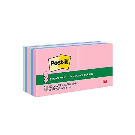 Post-it® Greener Pop Up Notes, 12 Pads, 100 Sheets, 3 in x 3 in, 100% Recycled, Clean Removal, School Supplies & Office Products - R330RP12AP