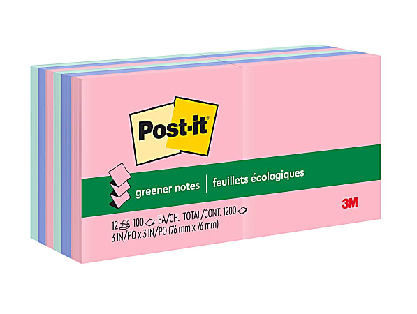 Post-it® Greener Pop Up Notes, 12 Pads, 3 in x 3 in, 100% Recycled, Clean Removal, School Supplies and Office Products, Sticky Notes  - R330RP12AP