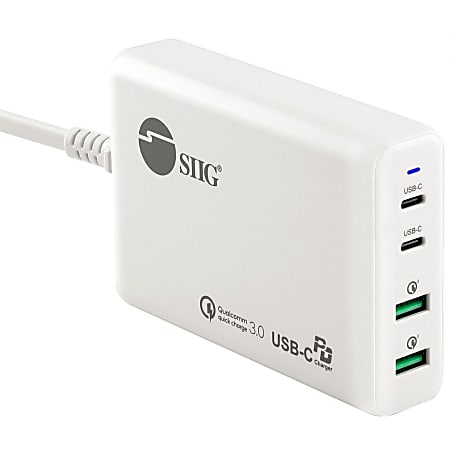 SIIG 100W Dual USB-C PD 3.0 PPS &amp; QC 3.0 Combo Power Charger - White - Powerfull 4-Port high-power charger with two US - ACPW1P11S1