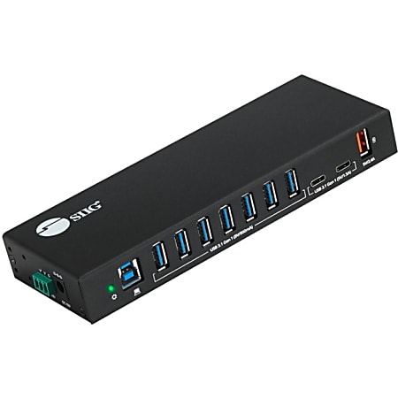 SIIG 10 Port Industrial USB 3.1 Gen 1 Hub with Dual USB-C & 65W Charging - 5Gbps Data Transfer Rates - 7x USB-A 5Gbps 5V/900mA - 2x USB-C 5Gbps 5V/1.5A - 1x USB-A Fast Charging up to 5V/2.4A