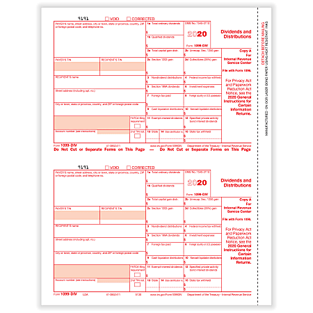 ComplyRight™ 1099-DIV Tax Forms, 2-Up, Federal Copy A, Laser, 8-1/2" x 11", Pack Of 100 Forms