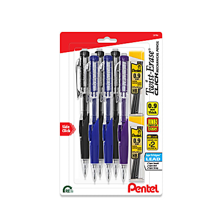 Pentel® Twist-Erase® CLICK Mechanical Pencils, Fine Point, 0.9mm,  Assorted Barrels, Pack of 6, 2 Lead Refills