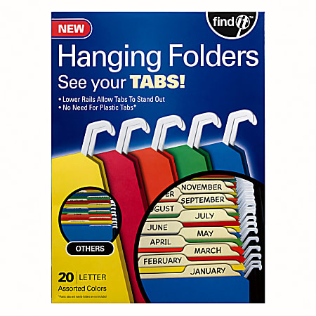 Find It® Tab-View Hanging File Folders, Letter Size, 70% Recycled, Assorted Colors, Pack Of 20