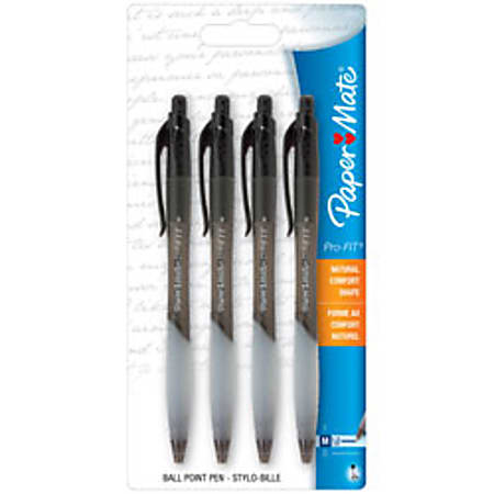 Paper Mate® Pro-Fit™ Retractable Ballpoint Pens, Medium Point, 1.2 mm, Black Barrel, Black Ink, Pack Of 4