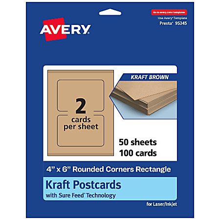 Avery® Printable Postcards With Sure Feed® Technology, 4" x 6" Rectangle Rounded Corners, Kraft Brown, Pack Of 100