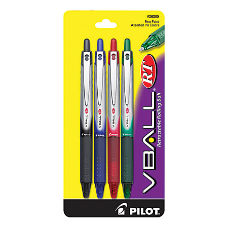Pilot® V-Ball™ Retractable Liquid Ink Roller Pens, Fine Point, 0.7 mm, Assorted Barrels, Assorted Ink Colors, Pack Of 4