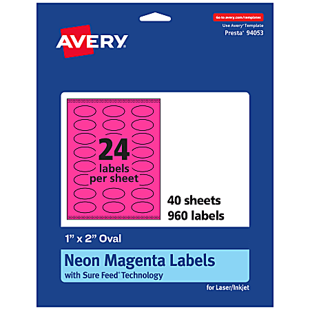 Avery® Print-To-The-Edge Labels With Sure Feed® Technology And Easy Peel® Label Feature, 94053-NMP40, Oval, 1" x 2", Matte Neon Magenta, Pack of 960