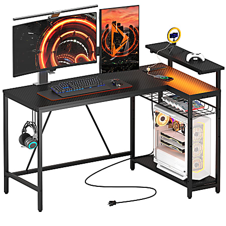 Bestier L-Shaped Gaming Computer Desk With Power Outlet, LED Lights & Headset Hooks, 53"W, Carbon Fiber Black