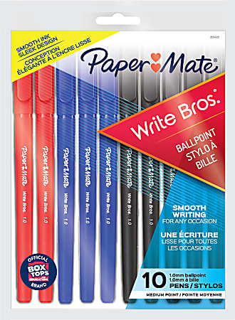 Paper Mate Write Bros. Ballpoint Stick Pens, Medium Point, 1.0 mm, Assorted Barrel Colors, Assorted Ink Colors, Pack Of 10 Pens