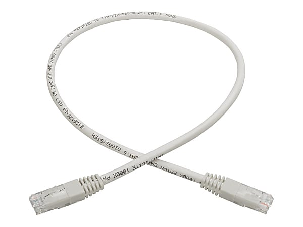 Tripp Lite 2ft Cat6 Gigabit Molded Patch Cable RJ45 M/M 550MHz 24 AWG White - 2 ft - 1 x RJ-45 Male Network - 1 x RJ-45 Male Network - Gold-plated Contacts - White
