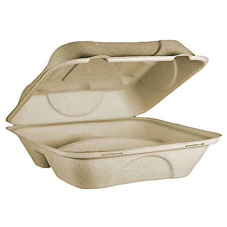 World Centric Fiber Hinged Containers, 3 Compartment, Natural, Carton Of 300 Containers
