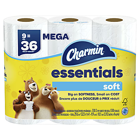 Charmin Essentials Soft Mega 2-Ply Toilet Paper Rolls, 4" x 4-1/2", 330 Sheets Per Roll, White, Pack Of 9 Rolls