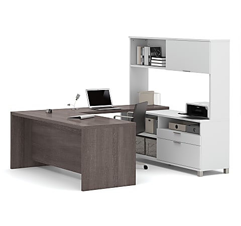 Bestar Pro-Linea 72"W U-Shaped Executive Computer Desk With Hutch, Bark Gray