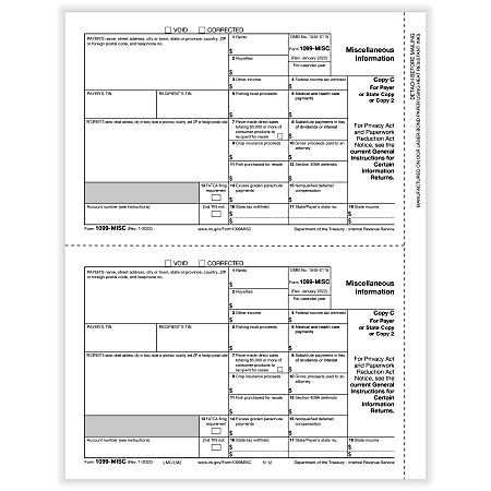 ComplyRight® 1099-MISC Tax Forms, Payer Copy C, 2-Up, Laser, 8-1/2" x 11", Pack Of 100 Forms