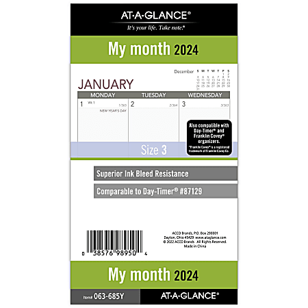 AT-A-GLANCE® Monthly Planner Refill, 3-3/4" x 6-3/4", January To December 2024, 063-685Y
