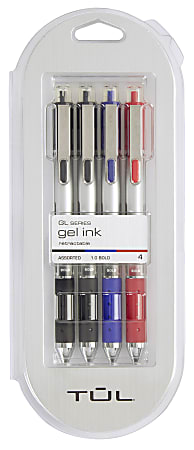 TUL® GL Series Retractable Gel Pens, Bold Point, 1.0 mm, Silver Barrel, Assorted Inks, Pack Of 4 Pens