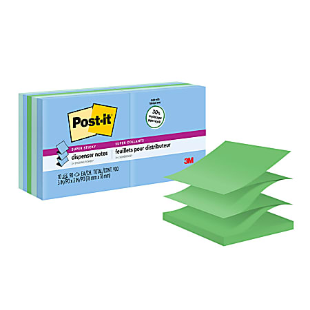Post it Super Sticky Pop Up Notes 3 in x 3 in 10 Pads 90 SheetsPad 2x the  Sticking Power Oasis Collection - Office Depot