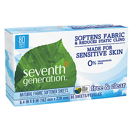 Seventh Generation™ Free & Clear Natural Fabric Softener Sheets, 6-3/8" x 9", 80 Sheets Per Box, Case Of 12 Boxes