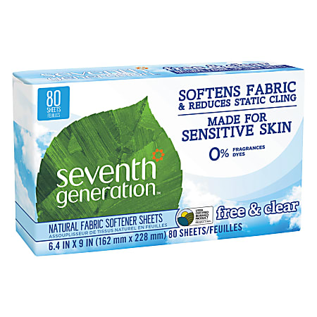 Seventh Generation™ Free & Clear Natural Fabric Softener Sheets, 6-3/8" x 9", Box Of 80 Sheets
