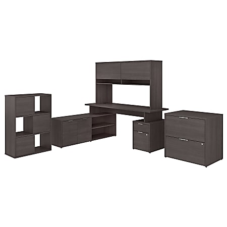 Bush Business Furniture Jamestown 72"W L-Shaped Desk With Hutch, Lateral File Cabinet And 6-Cube Organizer, Storm Gray, Standard Delivery