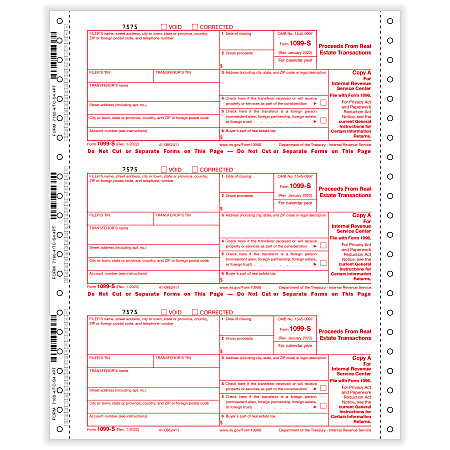 ComplyRight® 1099-S Tax Forms, 4-Part, Copy A/State/B/C, 1-Wide, Continuous, 9" x 11", White, Pack Of 100 Forms