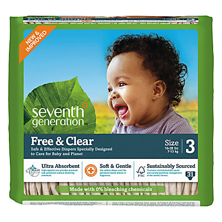 Seventh Generation® Free & Clear Baby Diapers, Size 3, 16 - 28 Lb, Pack Of 31 Diapers, Carton Of 4 Packs