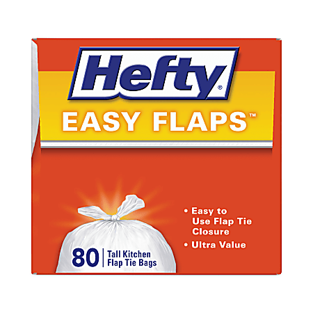 Hefty® Easy Flaps® Trash Bags, Tie-Flap, 13 gal, 23.75" x 28", White, 80 Bags/Box, 3 Boxes/Carton