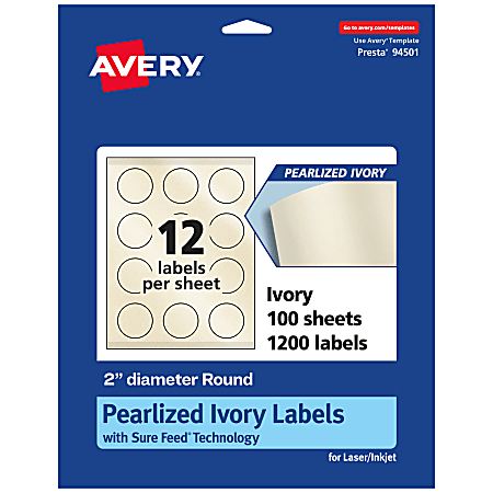 Avery® Pearlized Permanent Labels With Sure Feed®, 94501-PIP100, Round, 2" Diameter, Ivory, Pack Of 1,200 Labels