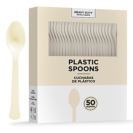 Amscan 8018 Solid Heavyweight Plastic Spoons, Vanilla Crème, 50 Spoons Per Pack, Case Of 3 Packs