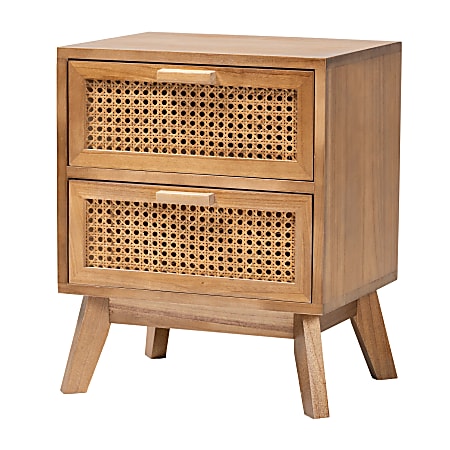 Baxton Studio Baden Nightstand With Rattan, 2-Drawer, 19-3/4"H x 15-3/4"W x 11-13/16"D, Natural/Walnut Brown