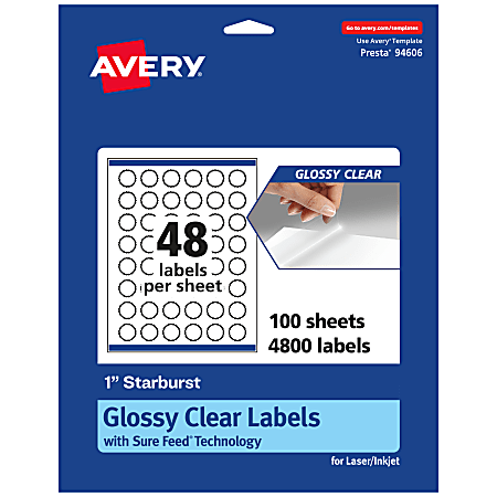 Avery® Glossy Permanent Labels With Sure Feed®, 94606-CGF100, Starburst, 1", Clear, Pack Of 4,800