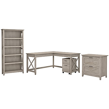 Bush Business Furniture Key West 60"W L-Shaped Corner Desk With File Cabinets And 5 Shelf Bookcase, Washed Gray, Standard Delivery