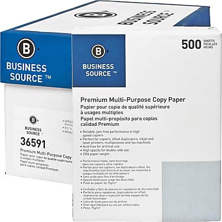 Business Source Premium Printer & Copy Paper, White, Letter (8.5" x 11"), 200000 Sheets Per Pallet, 20 Lb, 92 Brightness, Case Of 10 Reams