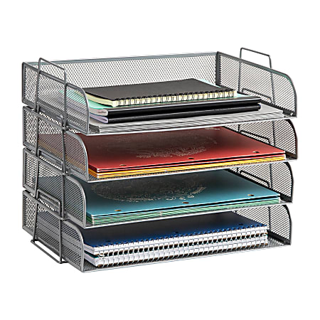 Mind Reader 4-Piece Stackable Paper Tray Desktop Organizer, 11-1/2”H x 9-3/4”W x 13-1/4”D, Silver