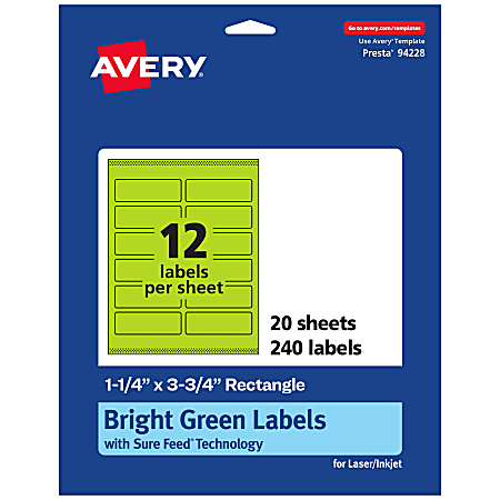Avery® Print-To-The-Edge Labels With Sure Feed® Technology And Easy Peel®, 94228-BGP20, Rectangle, 1-1/4" x 3-3/4", Matte Bright Green, Pack of 240